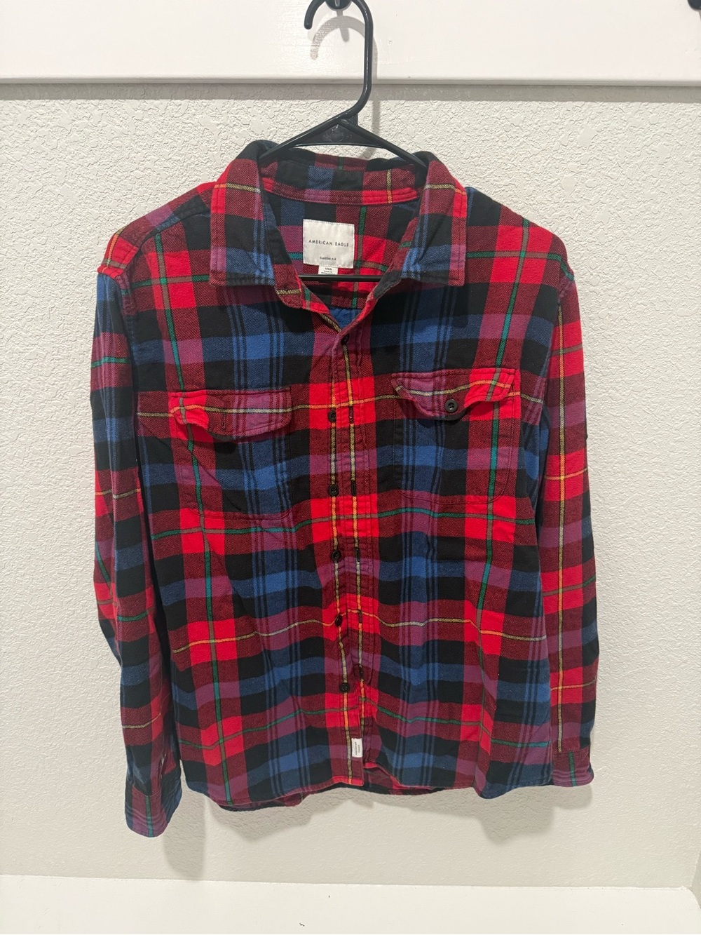 American Eagle Outfitters Red, Blue & Black Plaid Button-Down Shirt